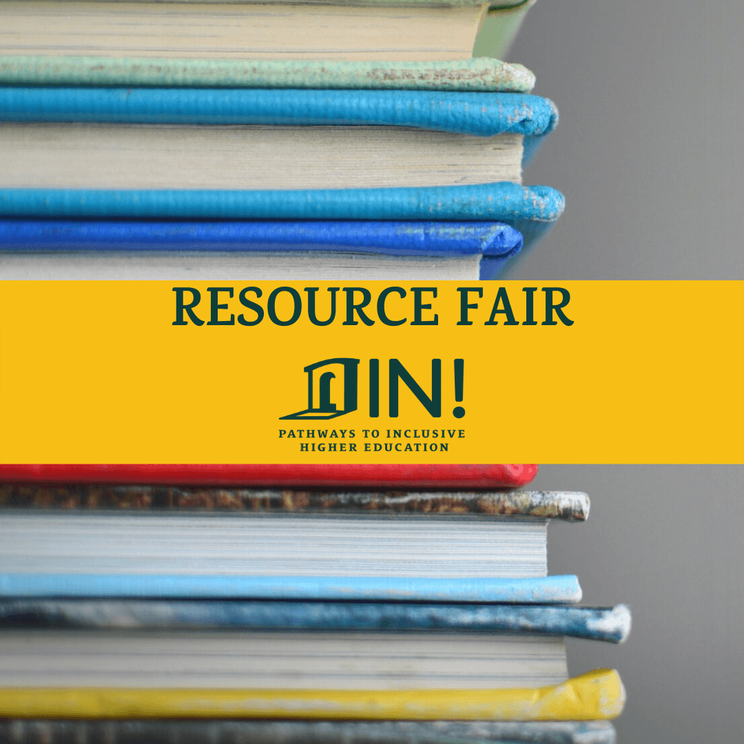 Stack of books reading resource fair with IN logo 