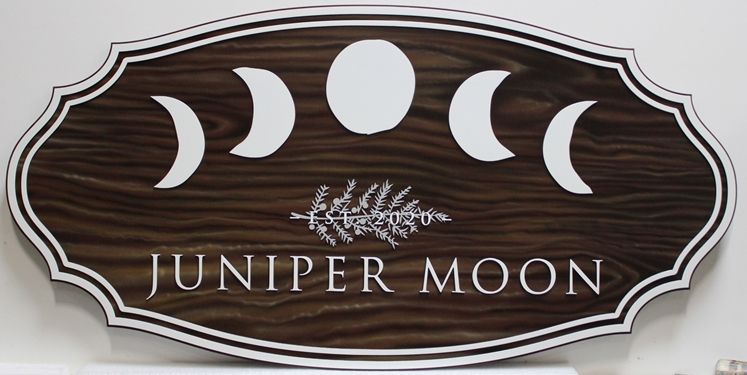 I18787 - Carved HDU  Property Name Sign  "Juniper Moon", with Background Airbrushed Painted to Look like Wood Grain