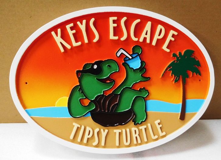 L21666 - Carved Seashore Home Name Sign , "Keys Escape, Tipsy Turtle", with  Ocean,  Setting Sun,  Palm Trees, and  Comical Turtle with a Drink