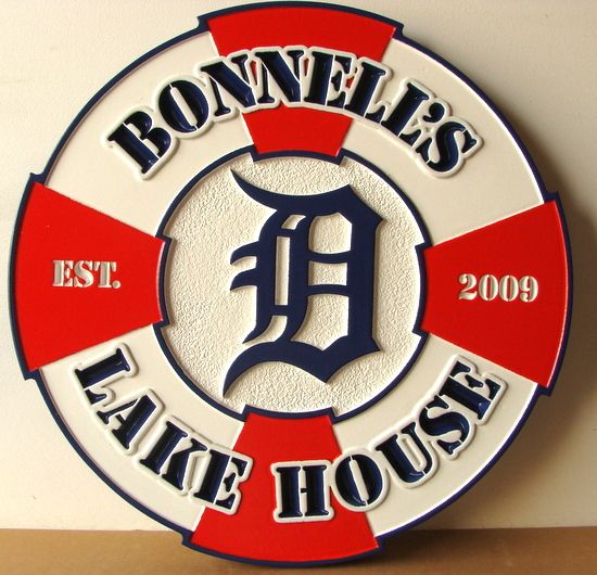 M22439 - Carved HDU Lake House Sign in Shape of Life Ring, "Bonnell's Lake House"