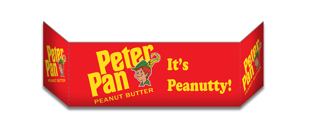 Printed cardboard grocery aisle end cap with vintage Peter Pan Peanut Butter logo on bright red background - It's Peanutty!