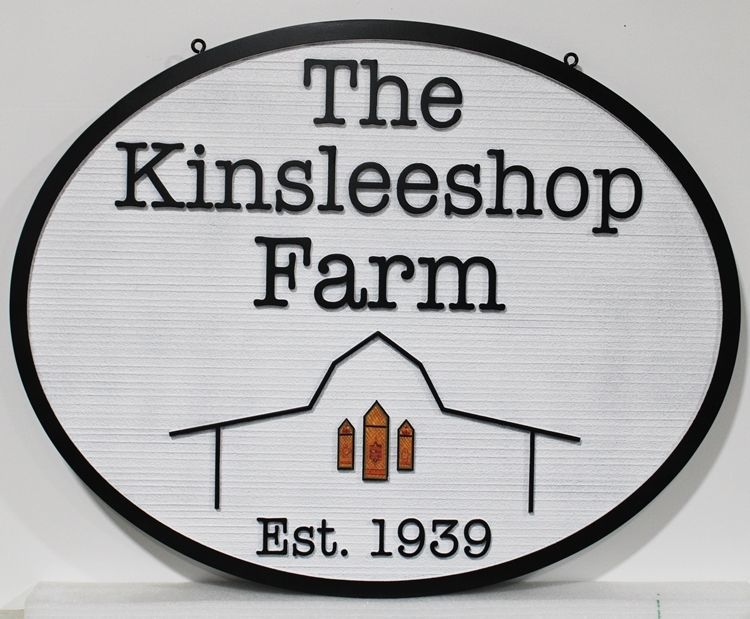 O24821 - Carved and Sandblasted Wood Grain HDU  Sign for the Kinsleeshop Farm, with a Stylized Barn  as Artwork.