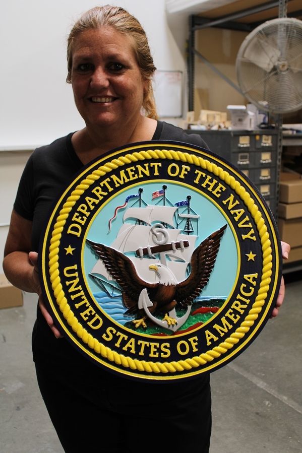 JP-1172 -  Carved 24 Inch Diameter HDU Plaque of the Great Seal  of the US Navy, Artist Painted