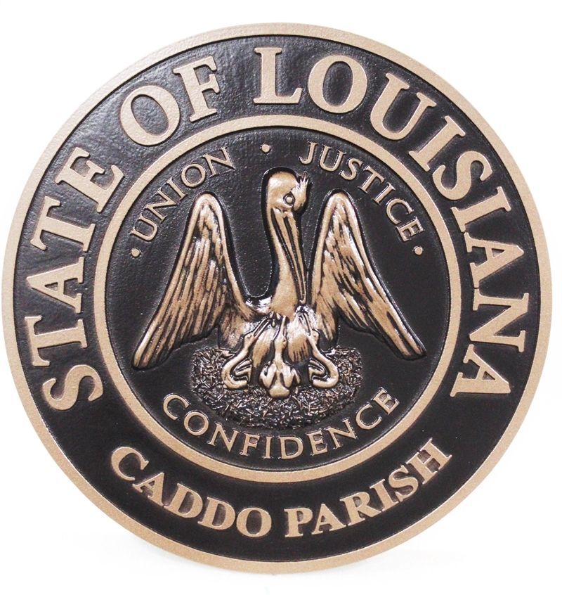 BP-1242 - Carved 3-D Bas-Relief Bronze-Plated wall Plaque of the Great Seal of the State of Louisiana