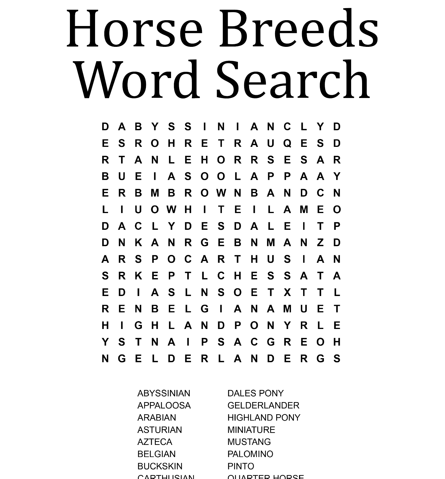 Horse Breeds Word Search