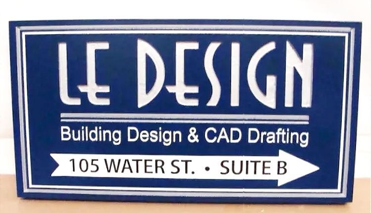 SC38018 - - Carved Engraved HDU Directional Sign for "Le Design" Building Design and CAD Drafting Company