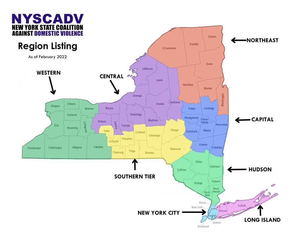 Map of NY county region grouping, individual counties outlined below.