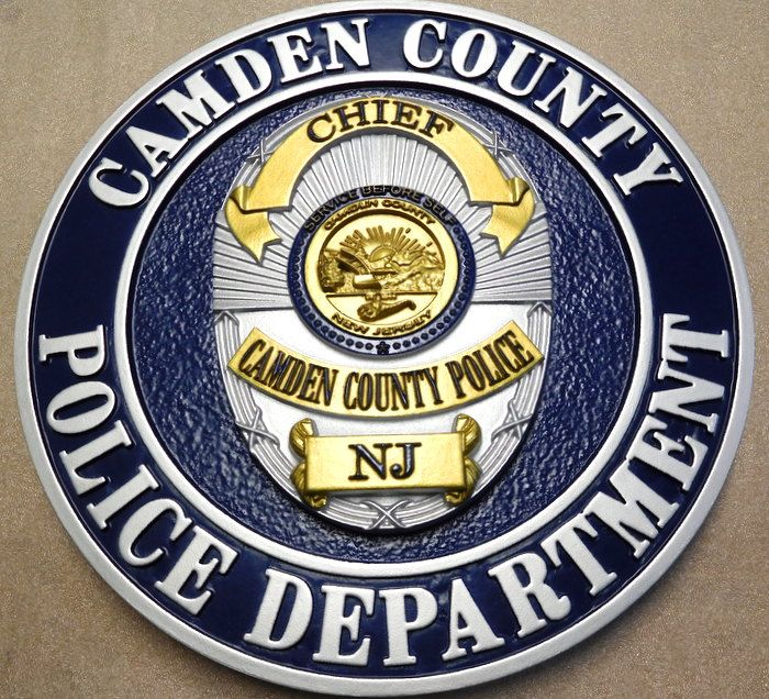 PP-1535 - Carved Wall Plaque of the Badge of the Camden County Police Department, N.J.,  Painted Metallic Gold and Silver