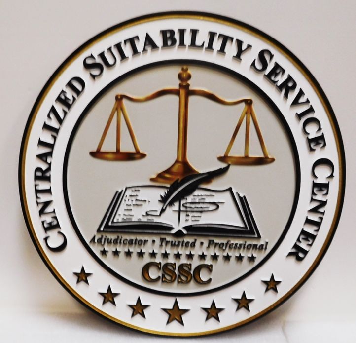 A10201 - Carved, 2.5-D HDU Sign for the Centralized Suitability Service Center, with 24K Gold-leaf Gilded Scales of Justice