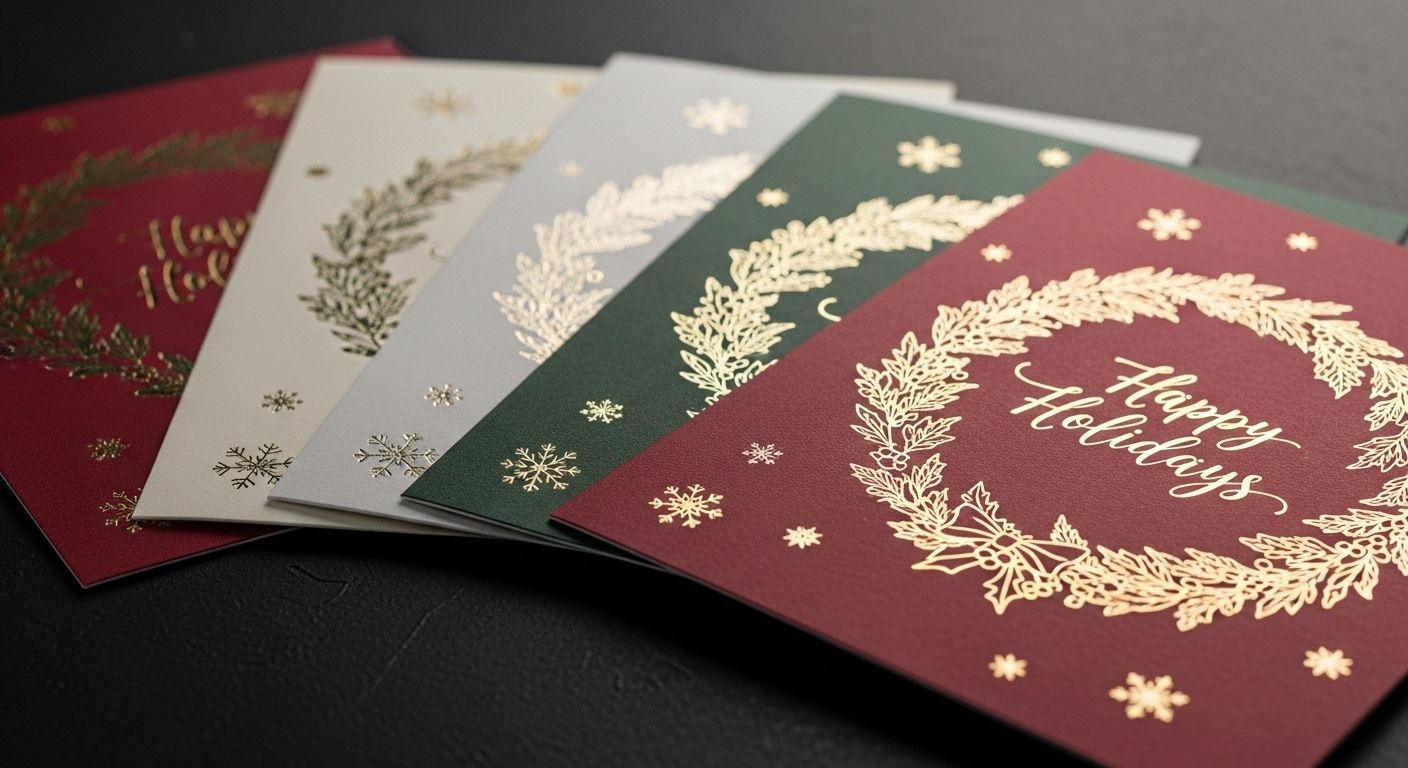 Festive custom holiday cards professionally printed for businesses and families in Seattle and Bellevue WA.