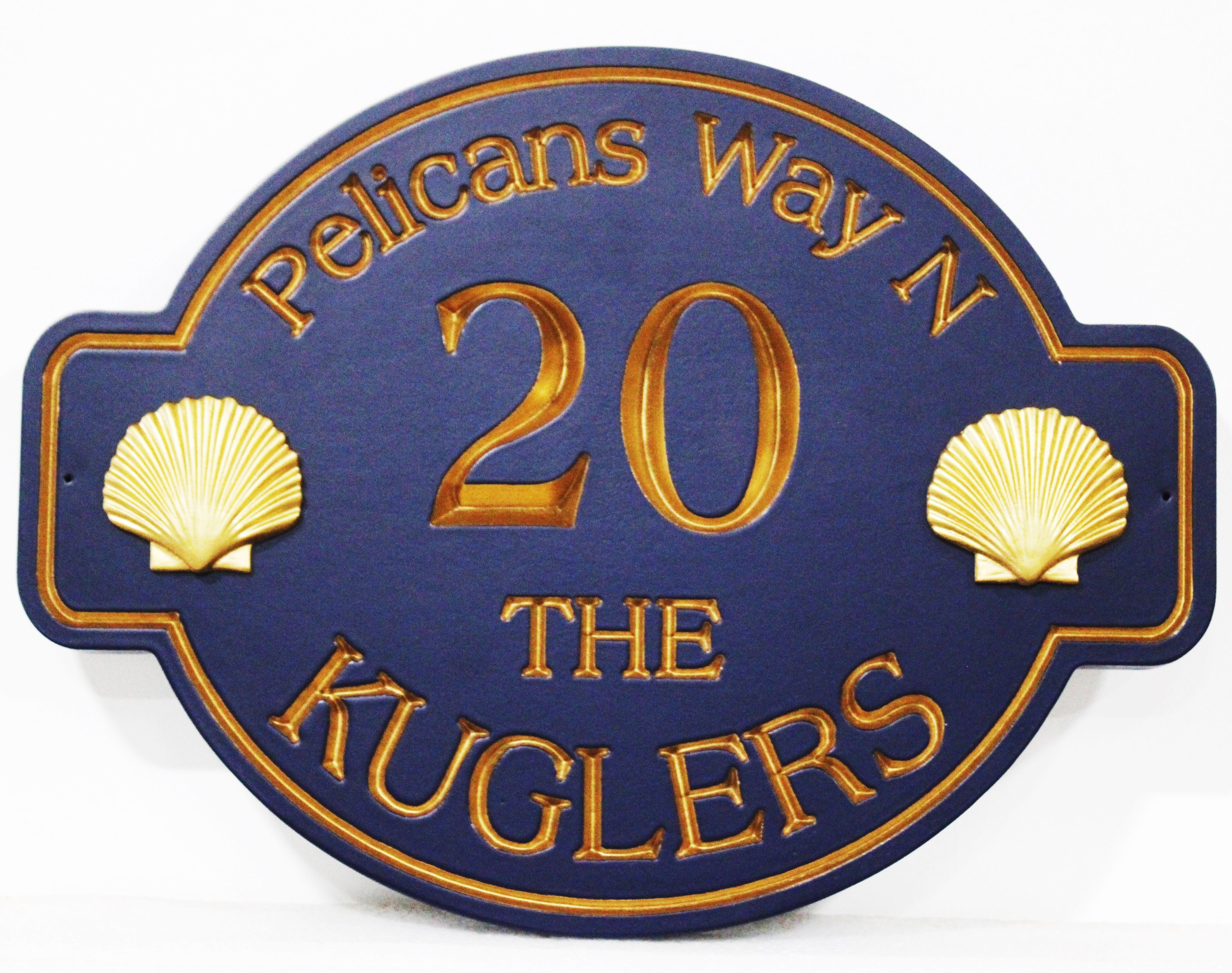 L21514 - Carved Coastal Home Address Sign, "The Kuglers - 20 Pelican Way” , features two 3-D Carved Seashells and Engraved Text and Border