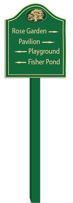 GA16575 - Design of Post-Mounted Carved HDU or Wood Directional Sign for Rose Garden, Pavilion, Playground and Pond