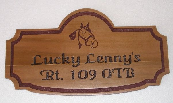 M3815 - Engraved  Cedar Wood Address Sign for Race Horse Farm, Engraved Image of Horse Head (Gallery 24) 