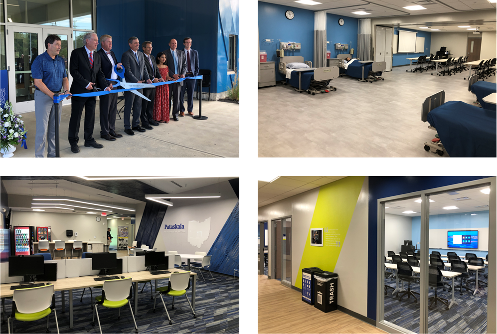 A small collage of four photos shows a ceremonial ribbon cutting and three empty classroom spaces. 
