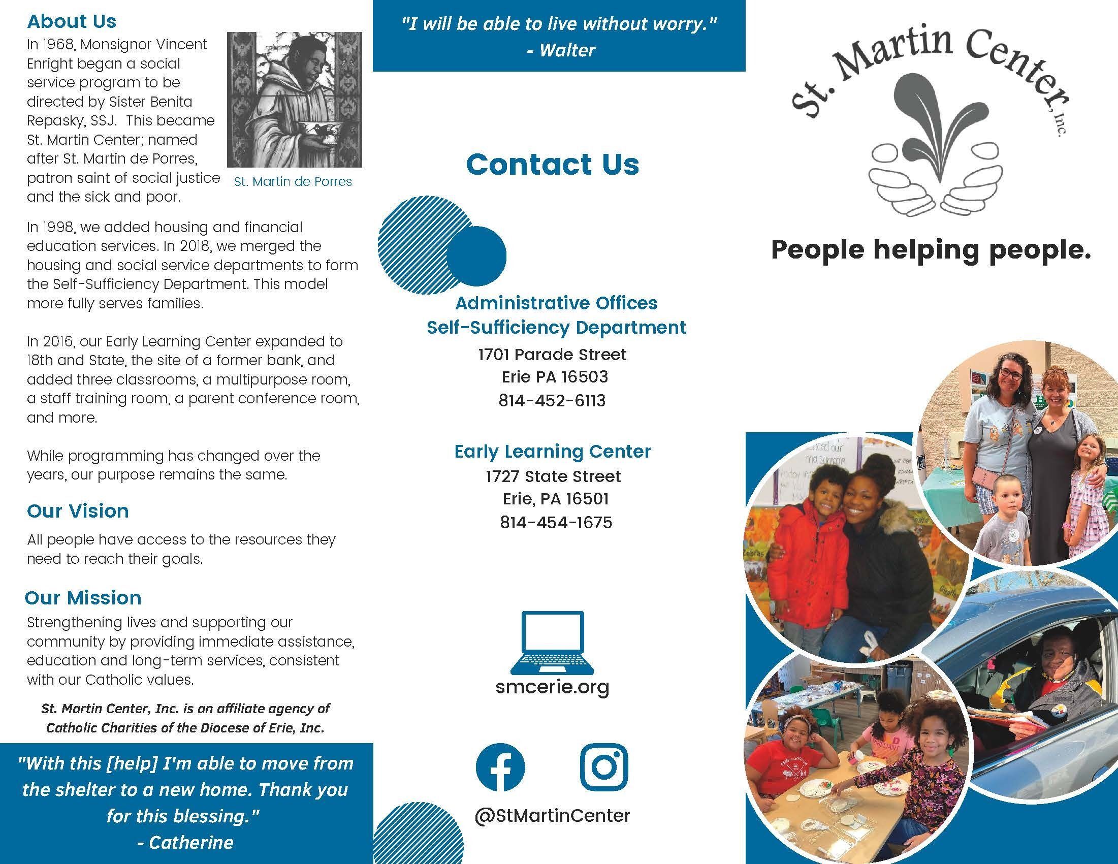 A brochure containing information about St. Martin Center, including contact information and their history, mission, and vision.