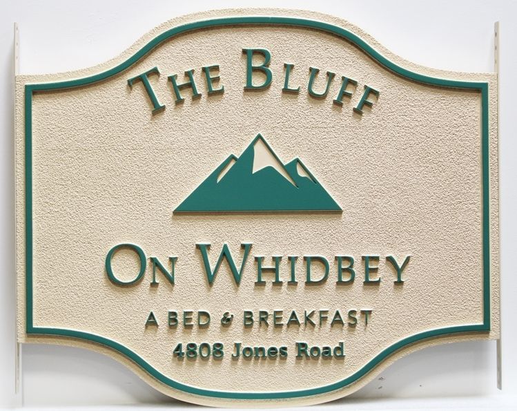T29175 - Carved 2.5-D Raised Relief  HDU Sign for  The Bluff on Whidbey B&B, with a Mountain as Artwork