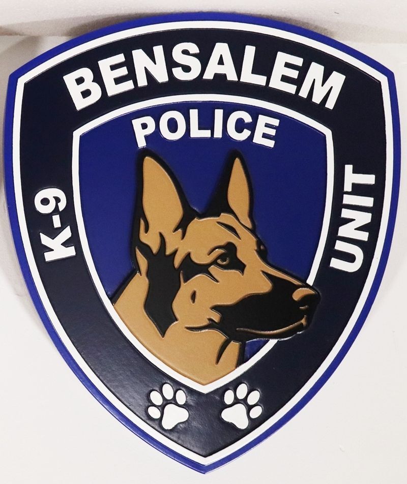PP-2508 - Carved 2.5-D Multi-Level Artist-Painted Plaque of the Shoulder Patch of the K-9  Police Unit of Bensalem Township, Bucks County, Pennsylvania