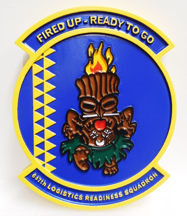 LP-7227 - Carved Plaque Crest of the 5th Civil Engineering Squadron, 2.5-D Outline Relief, Artist Painted with Tiki and Torch