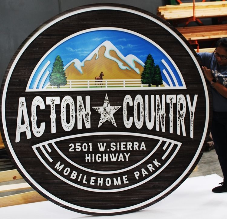 M22205 - Carved 2.5-D  and Sandblasted Wood Grain HDU Mobile Home Park Sign "Acton Country", with a Mountain Scene and  a Horse in a Pasture as Artwork .