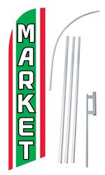 Market Green & Red Swooper/Feather Flag + Pole + Ground Spike