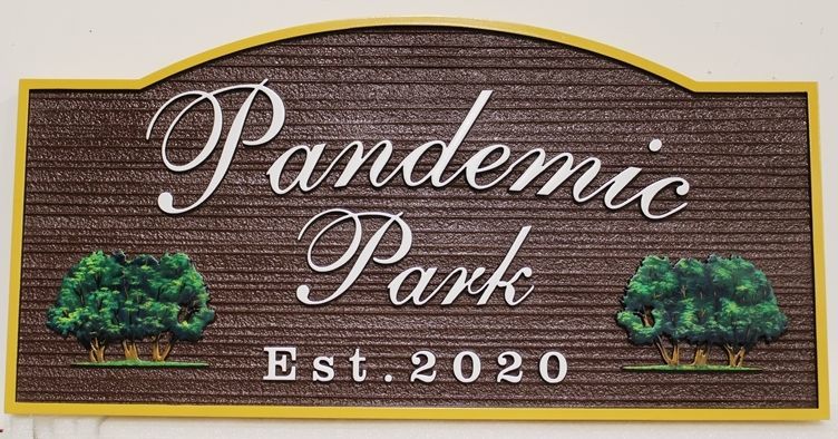 GA16431 Carved 2.5-D Raised Relief High-Density-Urethane (HDU) Entrance  Sign "Pandemuc Park", with 3-D Carved Trees as Artwork