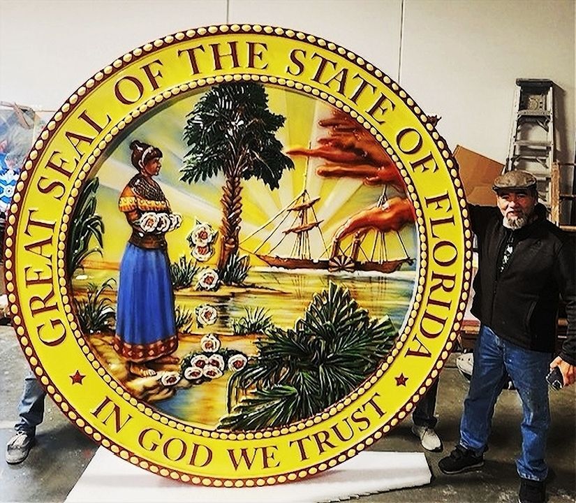 BP-1141- Eight Ft Diameter Carved Wall Plaque of the Seal of the State of Florida, 3-D Bas-relief Artist-Painted Full Colors