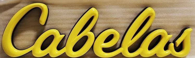 MA3020  - Cabelas Sign with Rounded Script  Letters and Flat Bottom Shadow Carved in 3-D Bas-relief  from HDU 