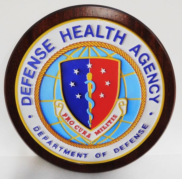 IP-1867 - Carved Plaque of the Seal of the Defense Health Agency, 2.5-D Mahogany Wood Artist-Painted