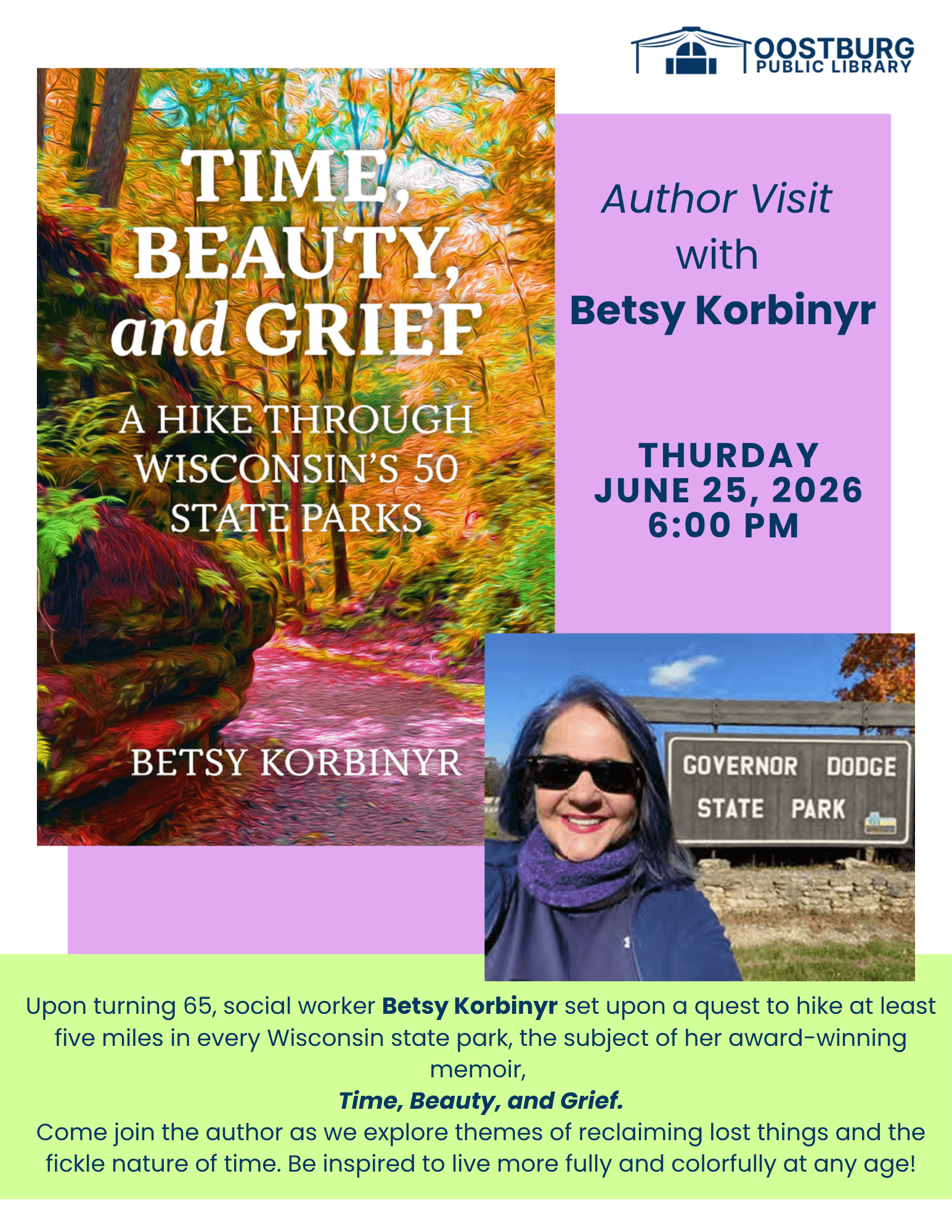 Picture of the book cover of Time, Beauty and Grief and a picture of the author with the event information