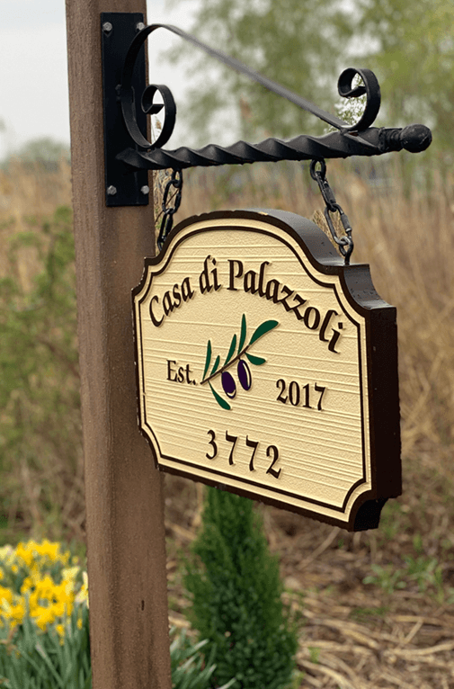M4744 - Cedar Wood 4" x 4" Post with a Horizontal Wrought Iron Scroll Bracket with Hanging HDU Property Name Sign