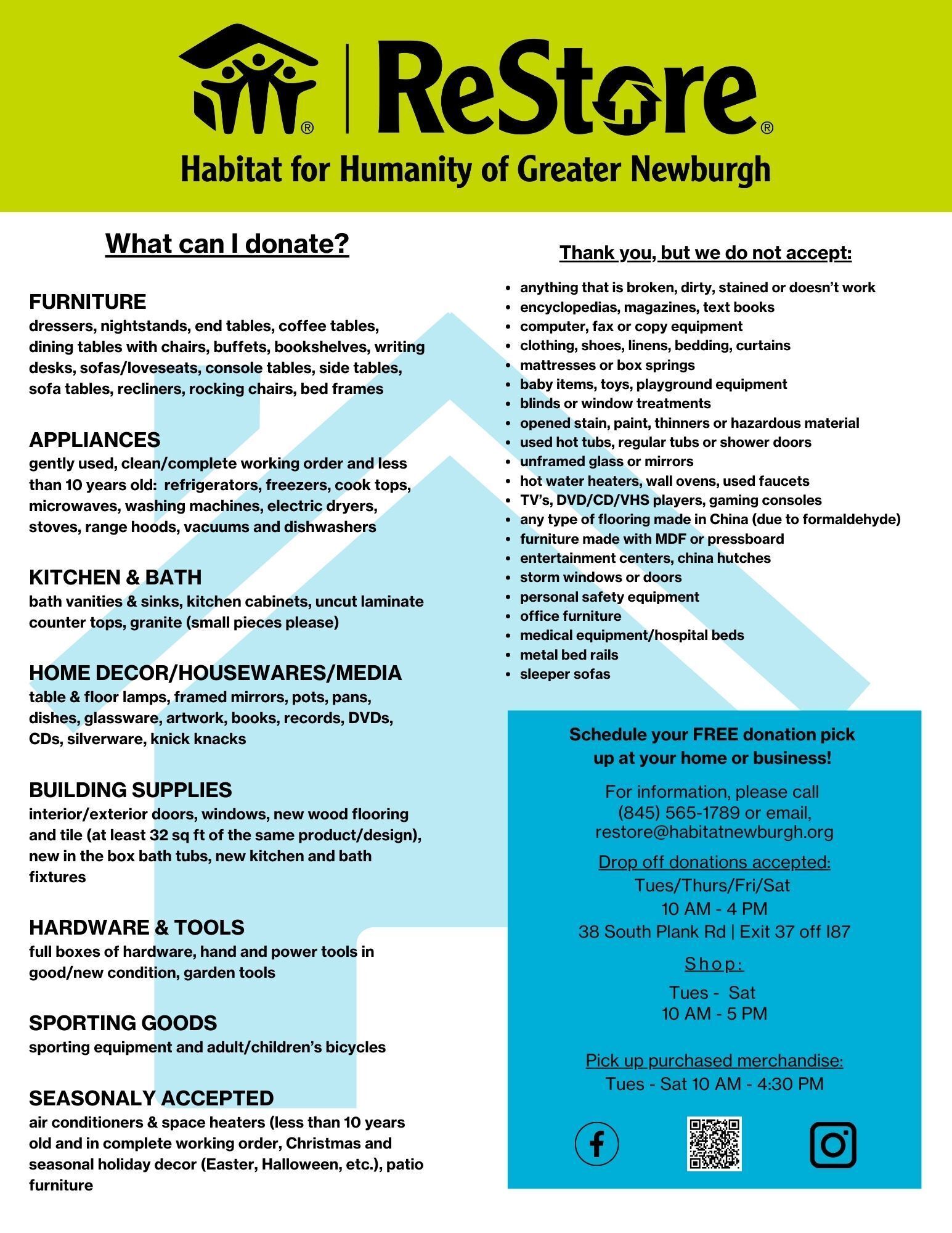 Donate your gently used items to Habitat Newburgh ReStore! 