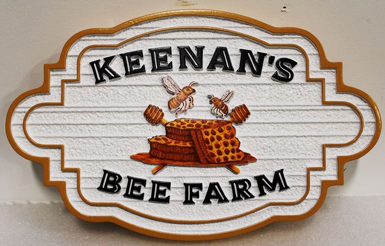 O24751 - Carved and Sandblasted Wood Grain HDU  Sign for  "Keenan's Bee Farm , with Bees and Honeycomb as Artwork