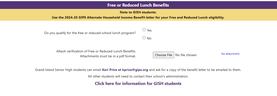 2025 Free or Reduced Lunch Benefits screen