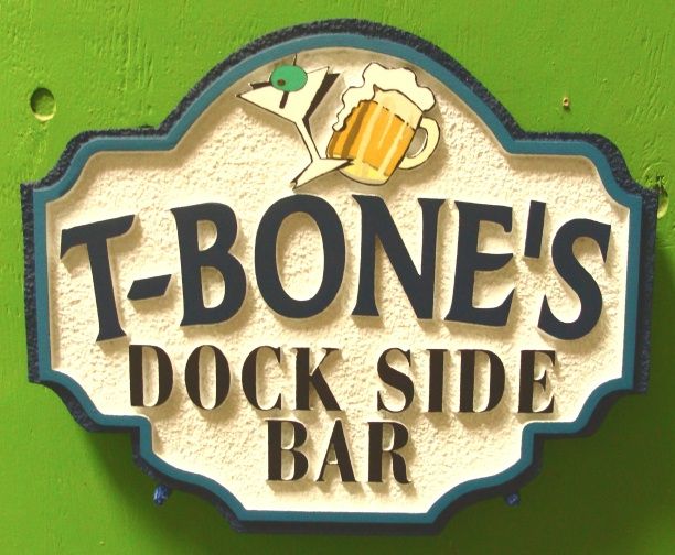 RB27265 - "T-Bone's Dockside Bar" Sign with Mug of Beer and Cocktail Glass as Artwork