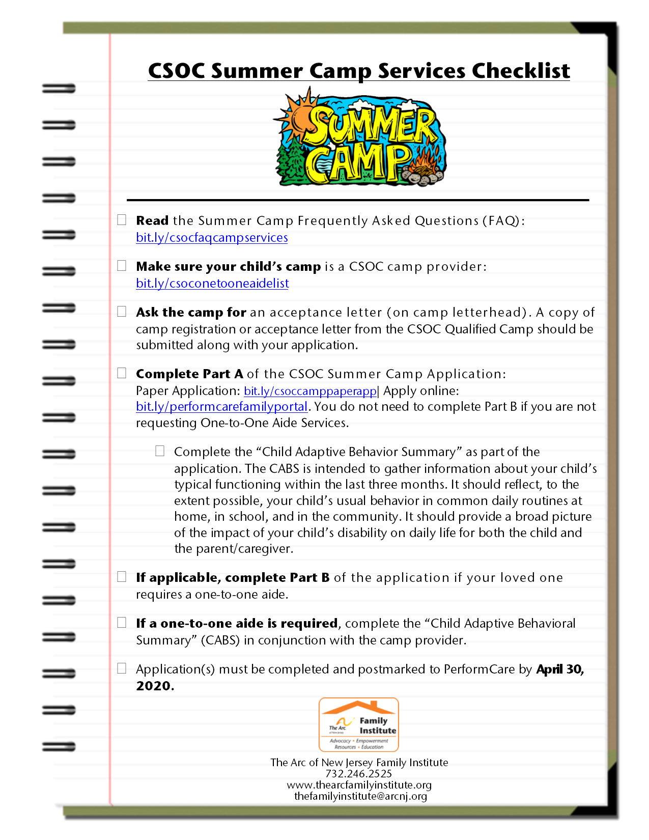 CSOC Summer Camp Services Checklist