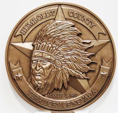 ZP-1010 - Carved 3-D Bronze-Plated Plaque of the  Great Seal of the  Humboldt County, Honoring the Winnemucca and Summit Lake Paiute Tribes 