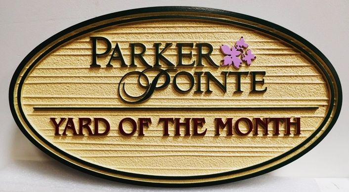 KA20962- Carved and Sandblasted Wood Grain  High-Density-Urethane (HDU) Yard-of-the-Month Sign for the "Parker Pointe" Home Owners Association (HOA), 2.5-D