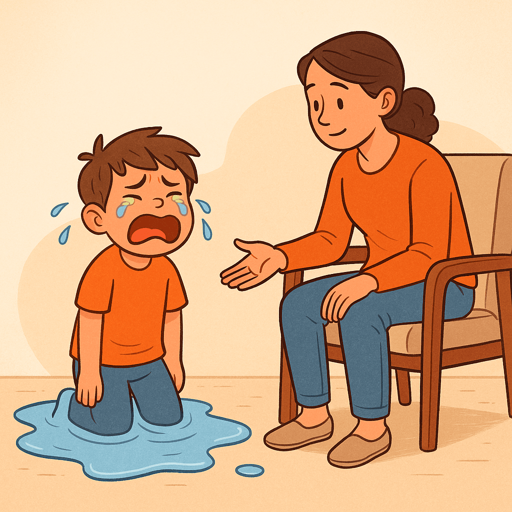 Cartoon image of a child melting into a puddle of tears while a calm adult sits nearby offering support.