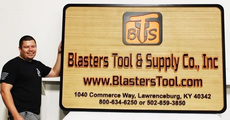  SC38408  - Carved and Sandblasted Wood Grain Sign  for the Blasters Tool & Supply Company  