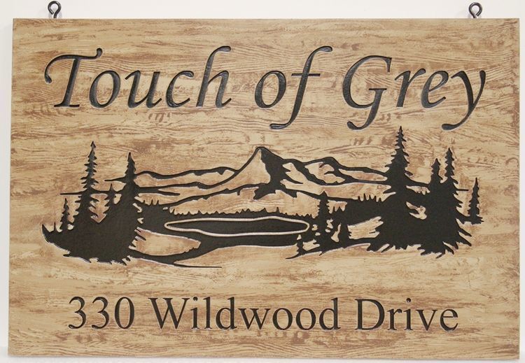 M1896 - Engraved  Faux Wood grain HDU Sign for the "Touch of Gray" Mountain Home, with a Mountain and Lake Scene as Artwork