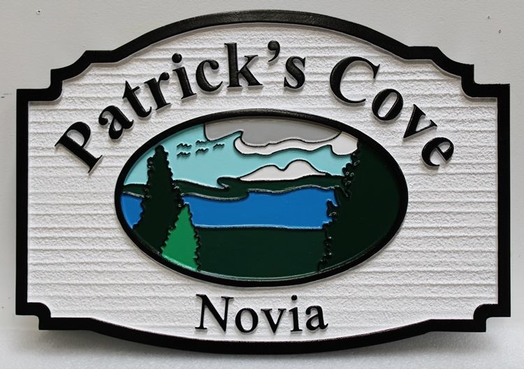 M22359 - Carved and Sandblasted HDU Cabin Sign "Patrick's Cove " , with a Stylized  Scene of Trees, Lake  and a Distant Snow-Capped  Mountain