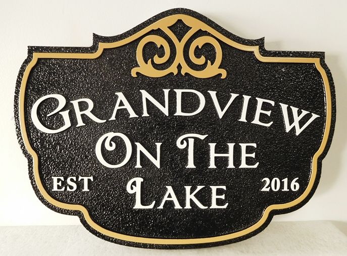I18171 - Ornate Carved High-Density-Urethane Property Name Sign, "Grandview on the Lake"