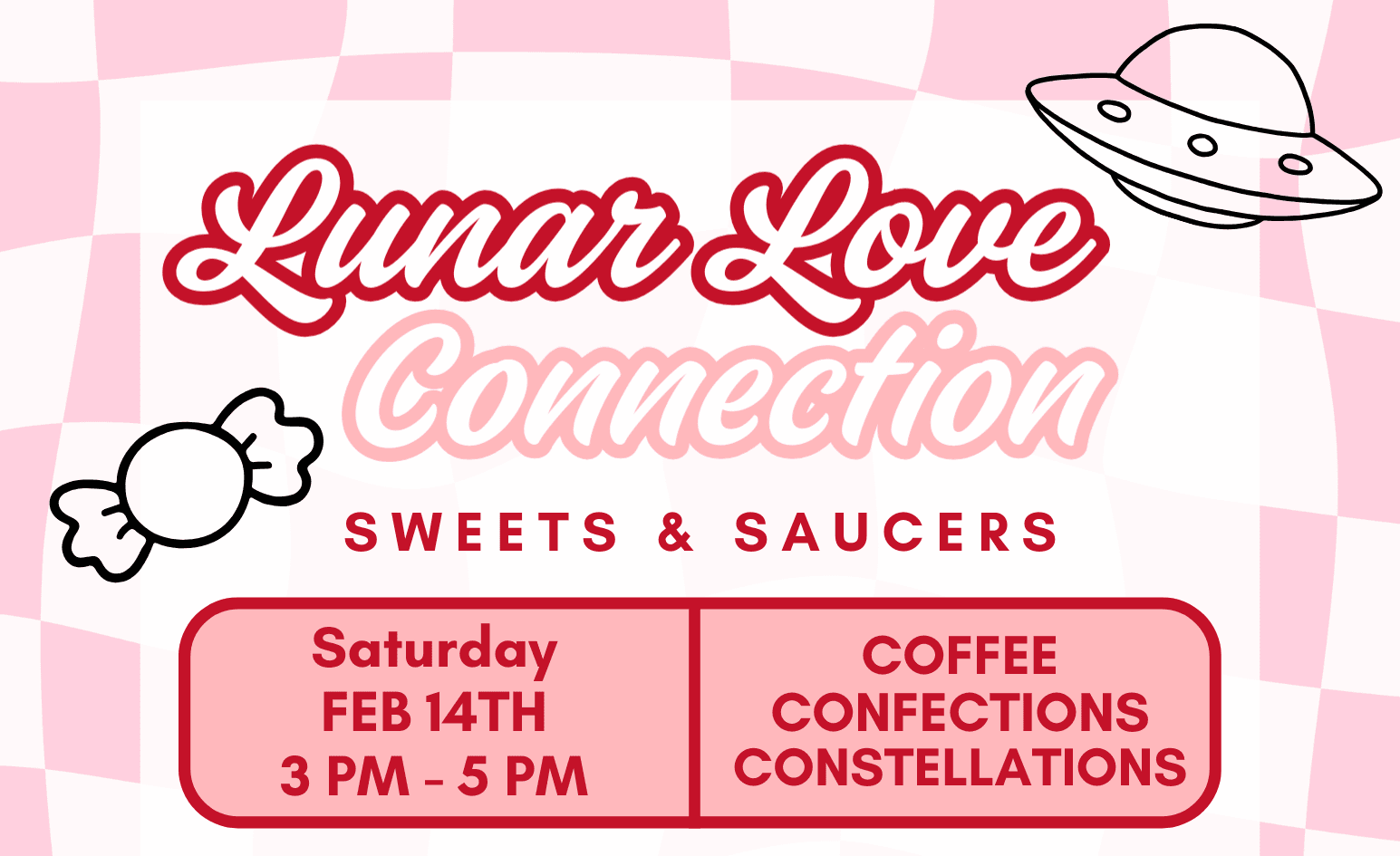 Pink Valentine’s Day flyer for Lunar Love Connection space-themed couples event in Hammond, Indiana, featuring sweets, coffee, constellations, and planetarium activities on February 14