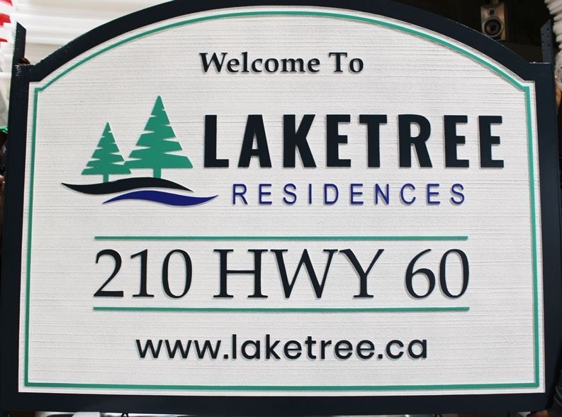 K20438 - Carved High-Density-Urethane (HDU)  Entrance and Address Sign for  the "Laketree Residences" , with Two Stylized Pine Trees as Artwork 
