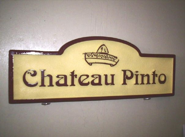 I18788 - Carved and Sandblasted 2.5-D HDU Property Name Sign "Chateau Pinto", with Outline of a Sombrero 