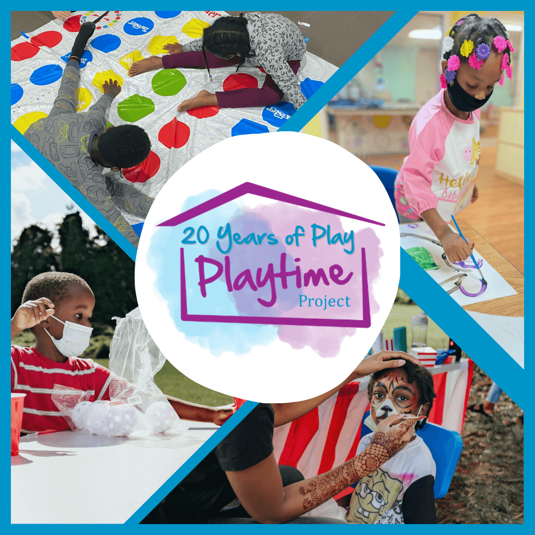 Collage of photos of children playing with Playtime Project logo in the center