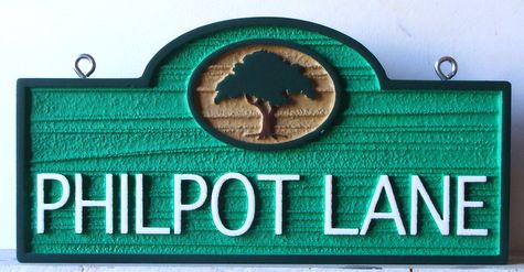 H17041 -  Carved HDU  Street Name Sign, Philpot Lane, 2.5-D Raised Relief with Tree as Artwork