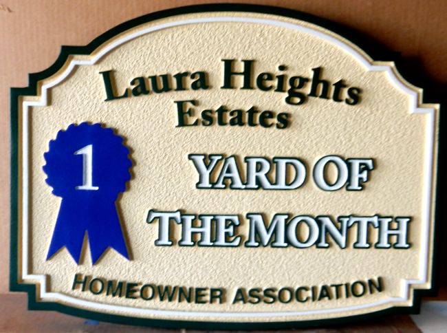 KA20913 - Carved Sandblasted HDU Yard-of-the-Month Sign with First Prize Blue Ribbon 