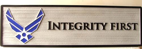 LP-9320 - Carved Motto Plaque "Integrity First" for Air Force with Wings Emblem,  Artist Painted 