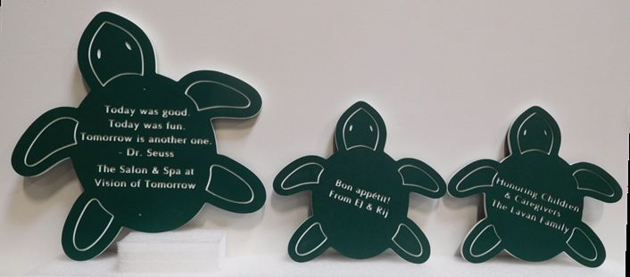 SA28905 - Three Small Engraved Signs in the Shape of Turtles made for the "Hair Salon and Spa" Business